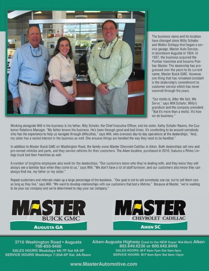 Pamphlet featuring details about Master Buick GMC & Master Chevrolet Cadillac.