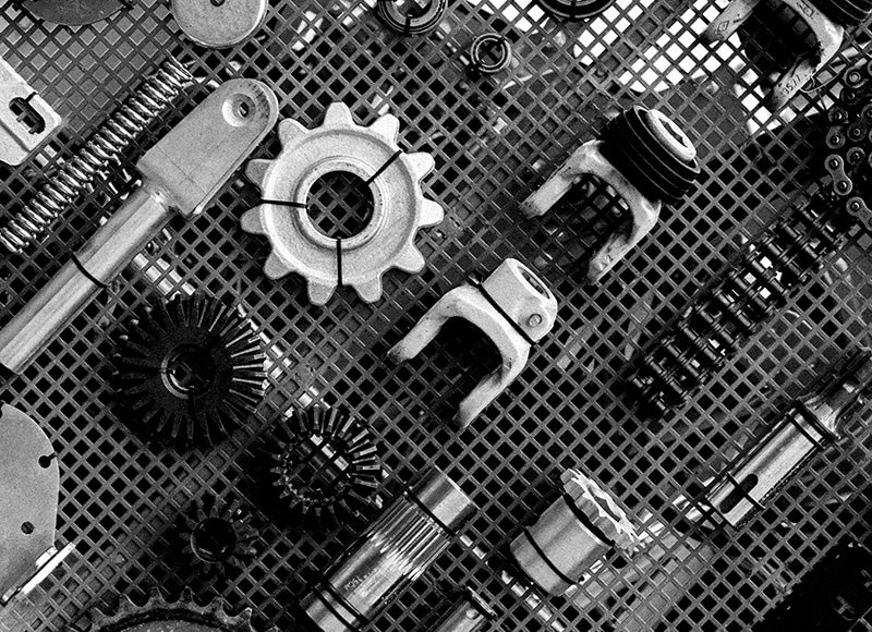 Organized tools and parts on a table.